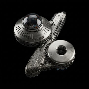 High-detail metallic sci-fi spacecraft model with connected cylindrical module, studio lighting, top-down camera angle, dark background.