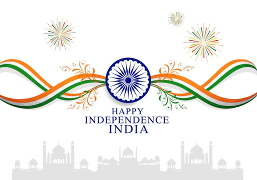 Happy Independence India - Festive Indian flag waves with fireworks and silhouette landmarks