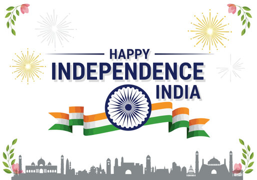 Happy Independence India - Flag, Ashoka Chakra, Fireworks, Cityscape
