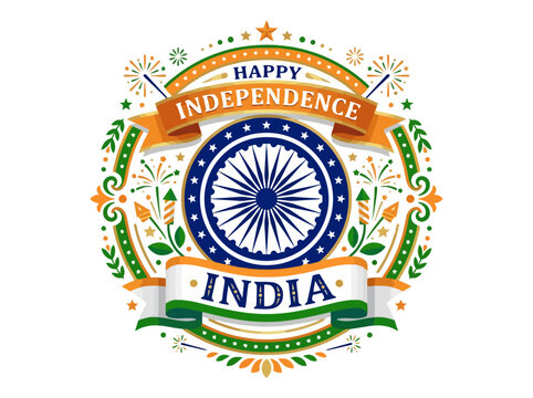 Happy Independence India - National Emblem, Festive Fireworks, Tricolor Design