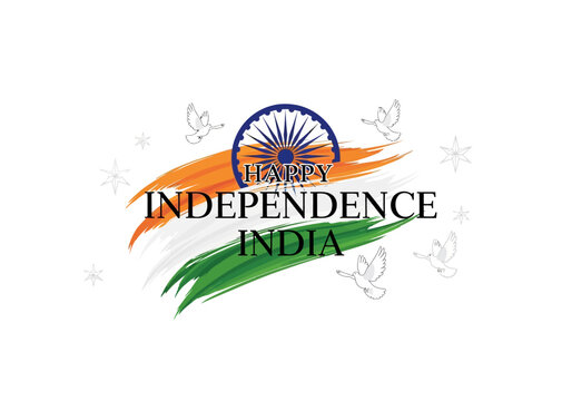 Happy Independence India - Tricolor Brush Stroke Flag, Ashoka Chakra, Doves, Snowflakes