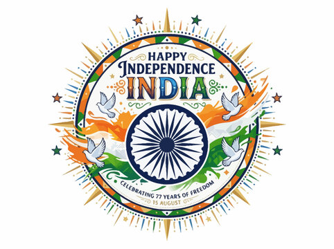 Happy Independence India - Tricolor Emblem with Doves and Stars