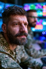 Fototapeta premium Military communications team monitoring data in technology control room