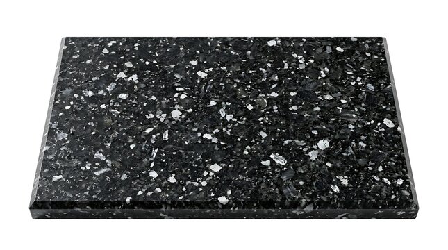 Angled view of a polished black granite slab with white mineral inclusions isolated on transparent background for architectural and design visualization