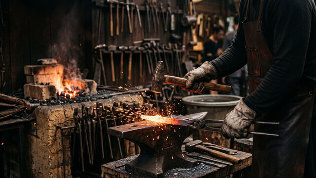 Blacksmith working hot glowing metal with hammer on anvil in traditional forge workshop