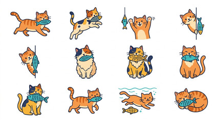 Playful cartoon cats with fishing rods and fish. © Ga