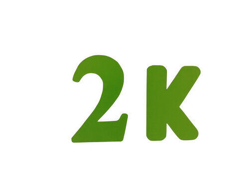 Green 2k text symbol representing two thousand for social media milestone sign isolated on transparent background