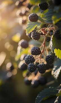 Racimo de moras maduras de la Rioja al final del verano en el arbusto iluminado por la luz del atardecer en el campo