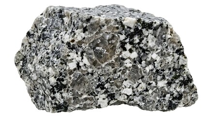 Obraz premium Raw natural granite rock fragment isolated on white background showing crystalline mineral structure for geological and scientific display