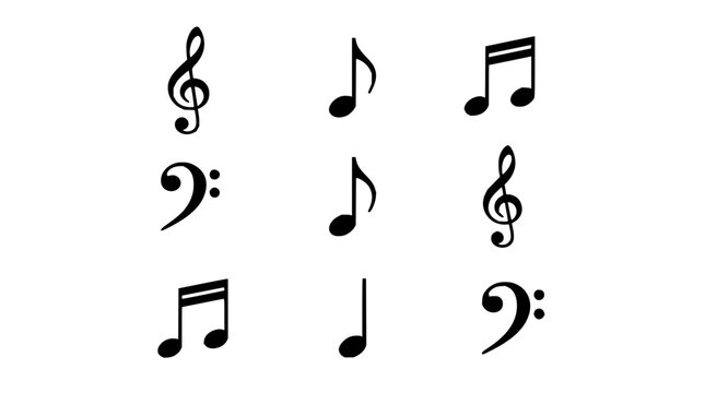 Musical notes and clefs grid featuring treble, bass, and C clefs with quarter notes and eighth notes
