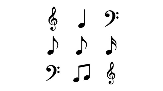 Musical notes and clefs grid featuring treble clef, bass clef, quarter notes, eighth notes, and rests with clean vector style and white background