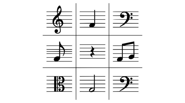 Musical notes and clefs grid set with black symbols on white background featuring treble bass alto clefs with quarter eighth sixteenth notes and rests and dynamic markings