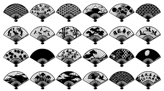 Japanese fans grid set with traditional paper fans featuring floral, geometric, and solid patterns with pastel and vibrant colors and elegant arrangement