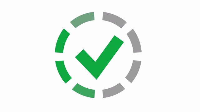 Green checkmark inside segmented progress circle cartoon animation for loading progress complete icon and task completed symbol isolated on an alpha channel.
