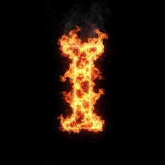 Fototapeta premium Close-up of fiery letter I against black backdrop, dynamic flame texture, high-contrast lighting, intense visual impact for graphic design projects.