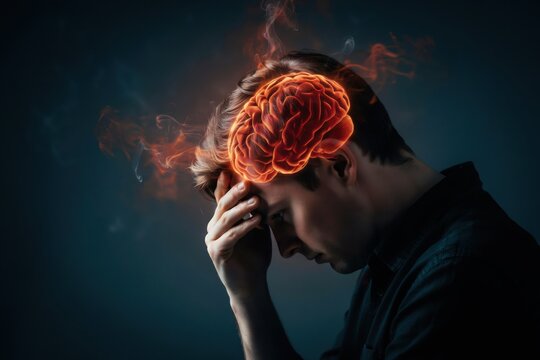 A man holds his head in distress with a burning brain. Mental health crisis.