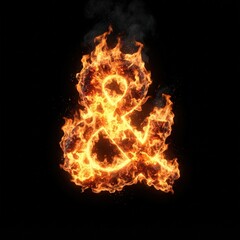 Fototapeta premium Close-up of fiery ampersand symbol against black backdrop, dynamic flame texture, high-contrast lighting, intense visual impact for graphic use.