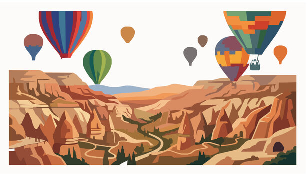 Hot Air Balloons Over Cappadocia at Sunset Vector Travel Illustration