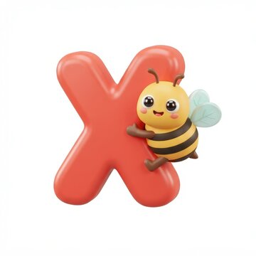 Isolated 3D render of cheerful cartoon bee on bold red X, studio lighting, neutral mood, top-down camera angle, ideal for educational or playful use.