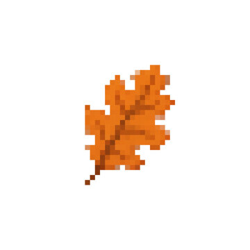 Pixel icon with a orange oak leaf. Simple flat pixel vector art.