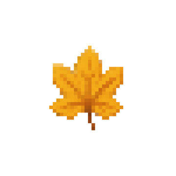 Pixel icon with a yellow maple leaf. Simple flat pixel vector art.