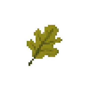 Pixel icon with a green oak leaf. Simple flat pixel vector art.
