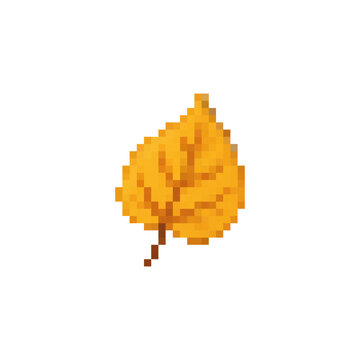 Pixel icon with a yellow autumn leaf. Simple flat pixel vector art.