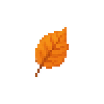 Pixel icon with a orange fall leaf. Simple flat pixel vector art.