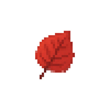 Pixel icon with a red autumn leaf. Simple flat pixel vector art.