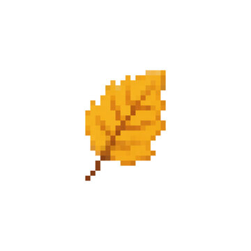 Pixel icon with a yellow fall leaf. Simple flat pixel vector art.