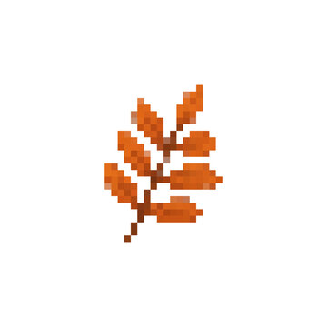 Pixel icon with a orange autumn leaf. Simple flat pixel vector art.