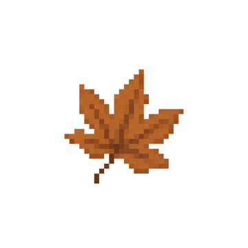 Pixel icon with a autumn maple leaf. Simple flat pixel vector art.