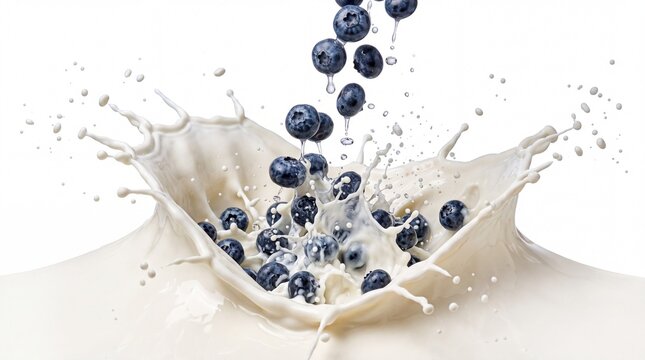 Fresh ripe blueberries falling into dynamic white milk splash creating crowns droplets and ripples isolated for healthy breakfast food concept background design element
