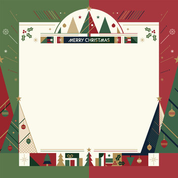 Merry Christmas square frame template with abstract element geometric forms modern retro style have blank space.
