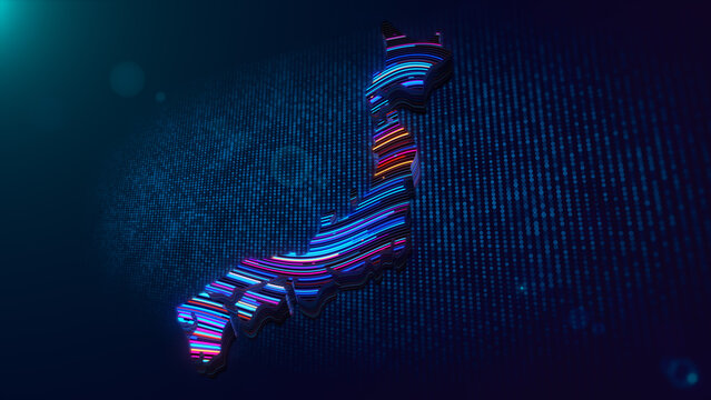 Abstract 3D extruded map of Japan featuring colorful neon wavy lines, glowing light effects, particle grid, and futuristic digital technology background with depth of field.