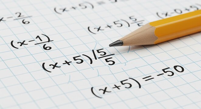 A yellow pencil rests on graph paper filled with handwritten algebraic equations and mathematical formulas, showing various expressions with variables and numbers for studying math and homework.