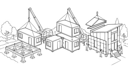 Obraz premium Modular House Construction and Prefabricated Home Assembly Process Line Art Illustration