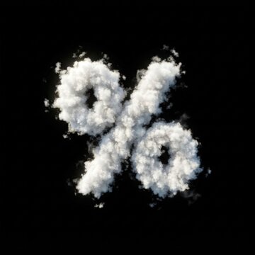Close-up cloud formation shaped as percentage symbol on black backdrop, high-contrast studio lighting, minimalist composition for graphic use. Ideal for data-driven visuals.