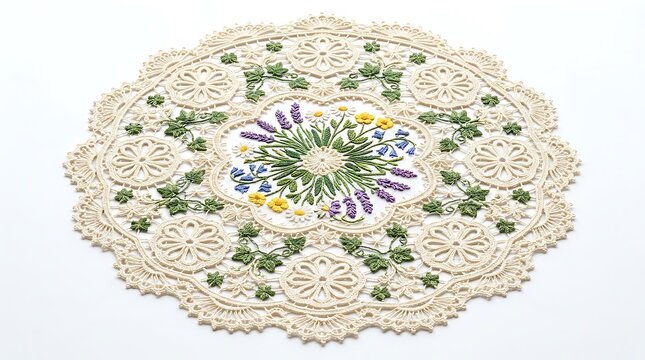 Intricate floral embroidered lace doily with colorful flower patterns isolated on transparent background for textile design