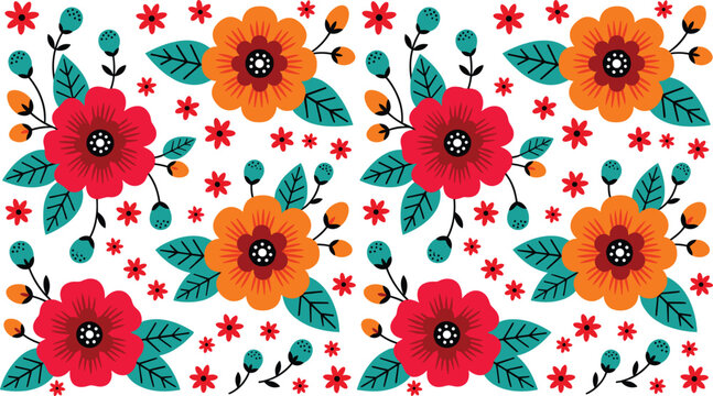 Folk Art Style Red and Orange Floral Seamless Pattern Vector Illustration with Teal Leaves and Buds Isolated on White Background for Textile and Gift Wrapping Designs