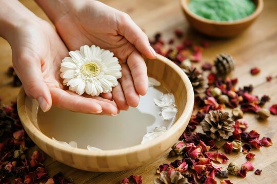 Hands hold a white flower over a wooden bowl of water. Spa wellness concept.