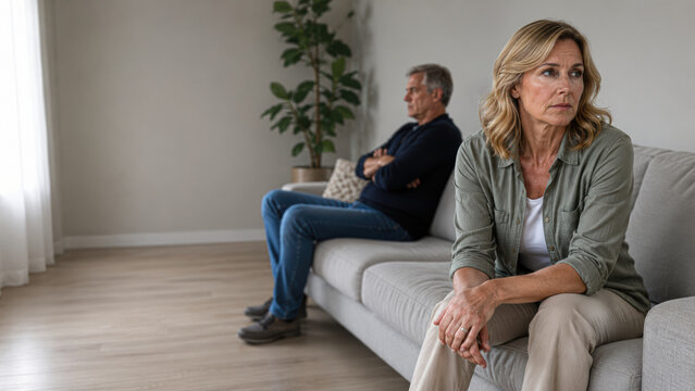 Elderly couple sitting apart on a sofa in a sparse room, both appearing distant and contemplative, suggesting tension or emotional disconnect.