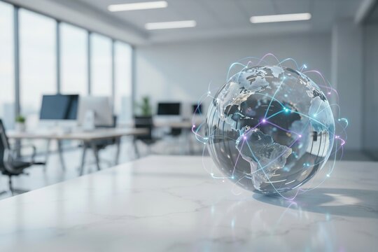 A glowing digital globe sits on an office desk. Represents global business.