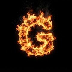 Fototapeta premium Close-up of fiery letter G with dynamic flames, dark backdrop, studio lighting, intense visual impact for creative projects and bold designs.