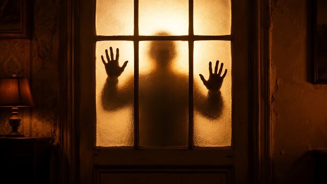 A mysterious, eerie silhouette of a person presses both hands against a glowing, frosted glass window in a warm, sepia-toned room.