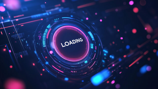 Modern digital interface showing loading screen with futuristic glowing ui elements with minimalist background with circular interface centered