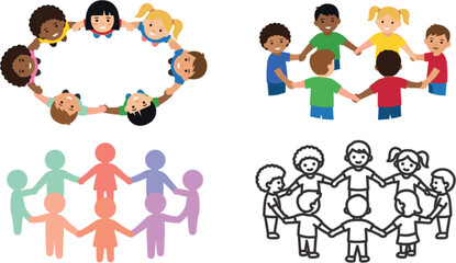 Fototapeta premium Diverse children holding hands in circle vector illustration collection set isolated on white background flat line icon
