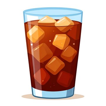 A tall glass filled with dark iced tea and square ice cubes sits against a white.