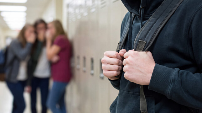 Student enduring social rejection and school bullying, facing mean gossip and isolation from peers in hallway