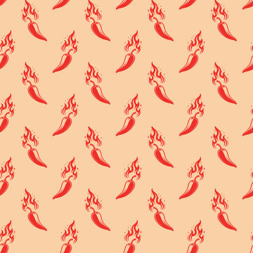 Hot Red Chili Pepper on Fire Seamless Pattern. Spicy flaming pepper pods repeat pattern on light beige background for Mexican restaurant decor, hot sauce packaging, and food wallpaper.